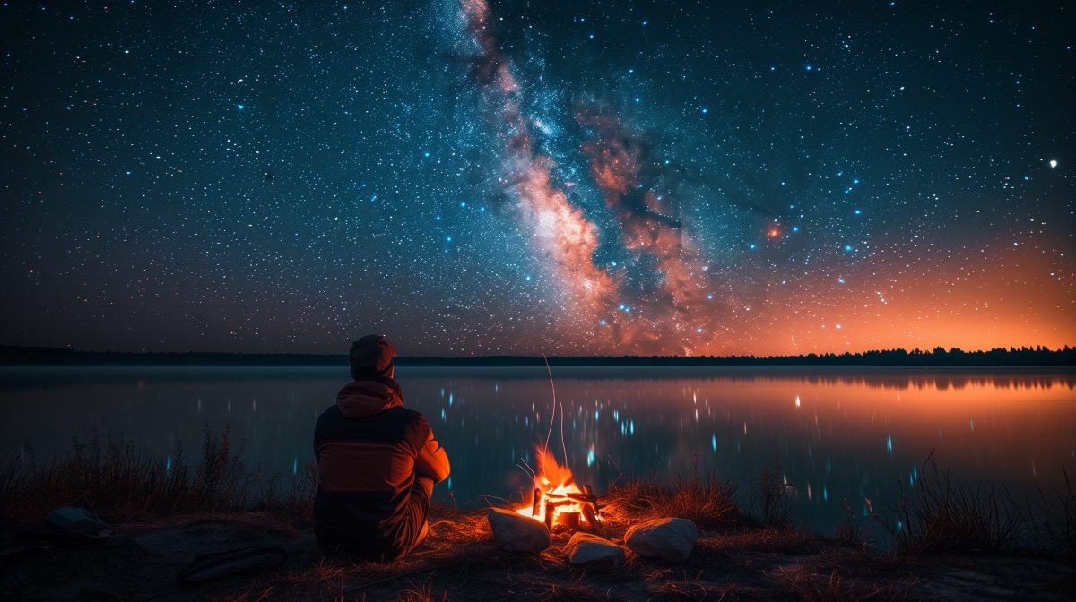 A person at a camp fire looking at the stars in the milky way in front of lake